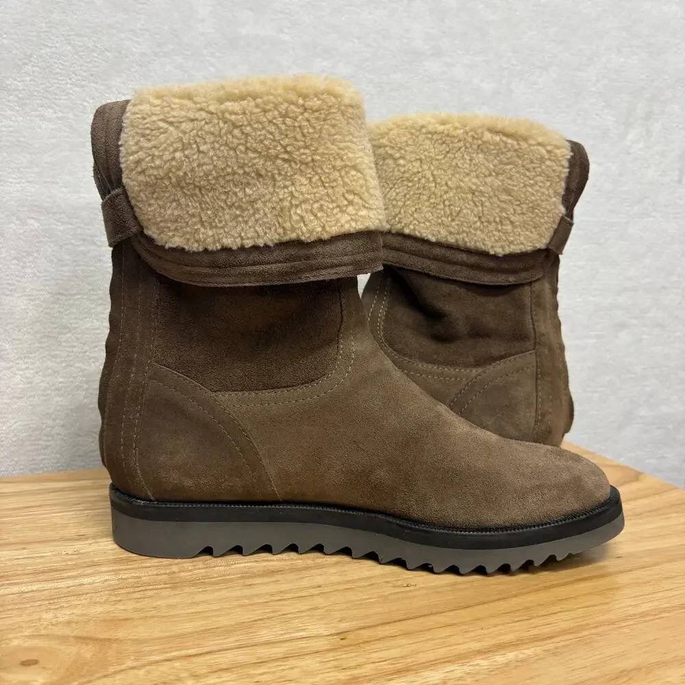 Aquatalia Boots Waterproof Taupe Gray Suede Faux-Fur Cuff Back Zip Boots 7.5